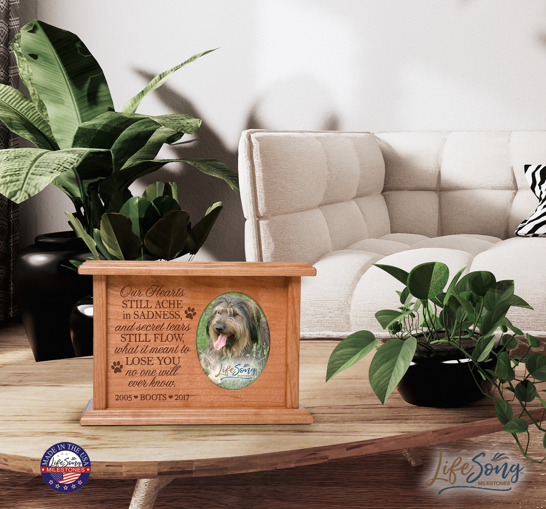 Pet Cremation Keepsake Photo Frame & Urn Box Holds 2x3 Photo Our Hearts Still Ache - LifeSong Milestones