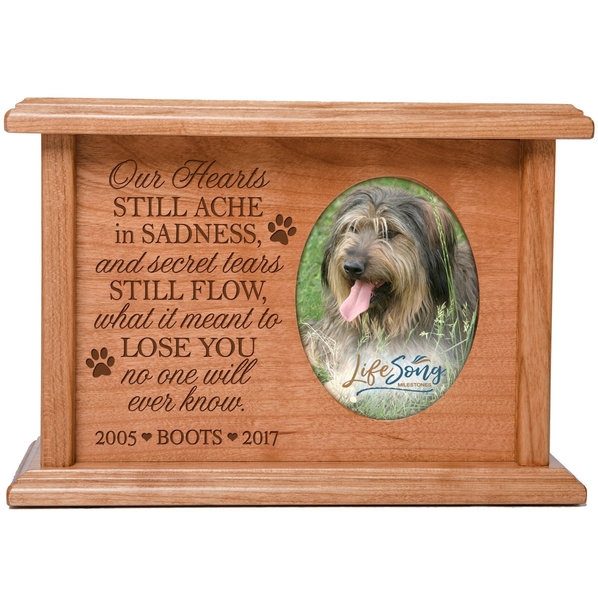 Pet Cremation Keepsake Photo Frame &amp; Urn Box Holds 2x3 Photo Our Hearts Still Ache - LifeSong Milestones