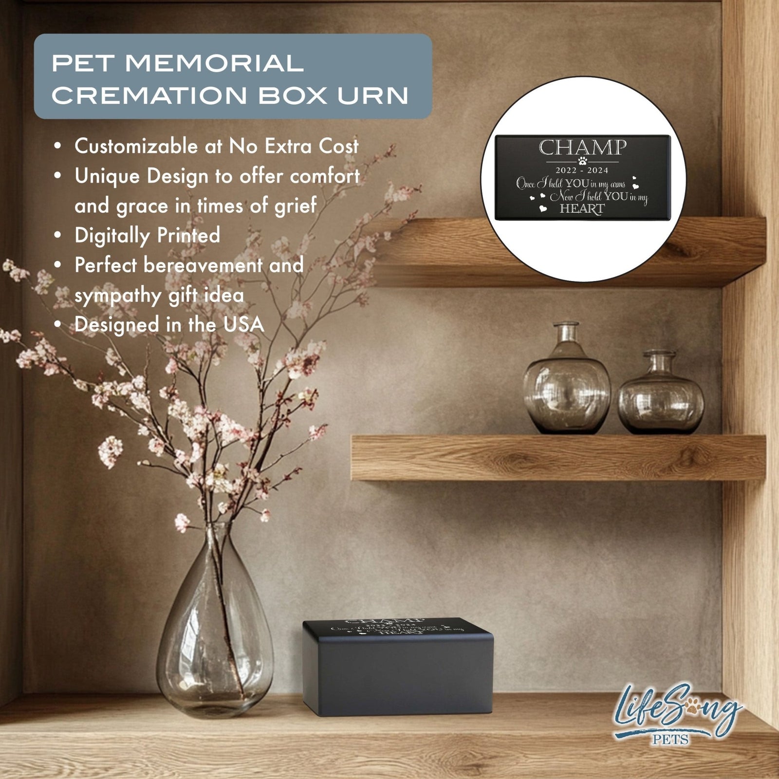 Pet Cremation Urns for Dogs and Cats Ashes – Wooden Memorial Keepsake Urn Box - Once I Held You - LifeSong Milestones