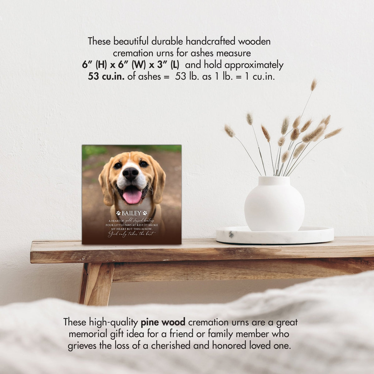 Wooden pet urn shadow box by Lifesong Milestones displayed on a rustic wooden table with a white vase of pampas grass, showcasing a custom photo of Bella with the heartfelt message. Ideal for memorial shadow box ideas or personalized pet urns for ashes
