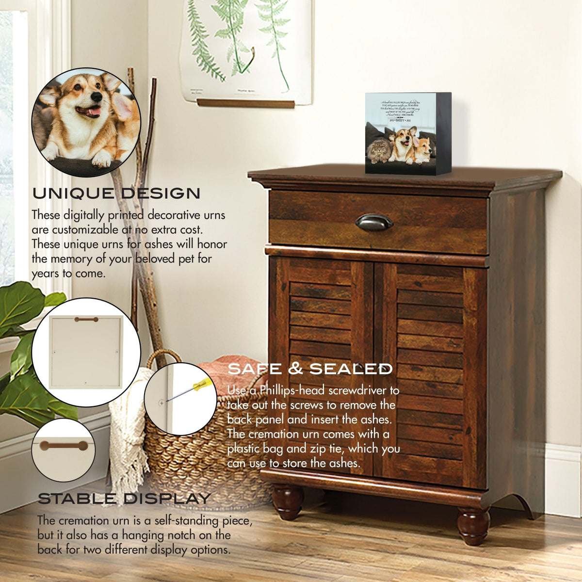 Custom wooden memorial photo shadow box urn and an emotional message, displayed on a vintage wooden cabinet. The urn is highlighted with features like secure storage for ashes and dual-display options, making it an excellent choice for bereavement gifts or gifts for someone who lost a pet. Perfect for dog or cat memorial urn ideas.