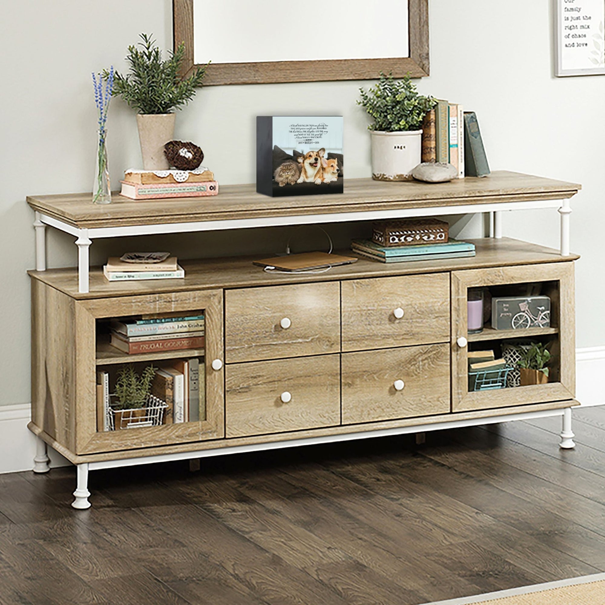 Wooden pet urn shadow box displayed on a rustic wooden TV console in a cozy living room. The shadow box features a custom photo of a pet. A touching bereavement keepsake box ideal for memorial shadow box ideas and personalized pet urns for ashes.