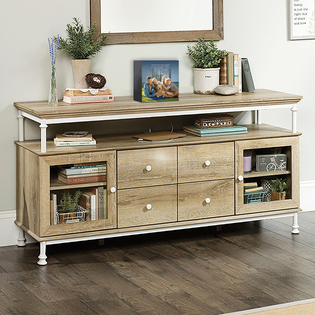 Wooden pet urn shadow box displayed on a rustic wooden TV console in a cozy living room. The shadow box features a custom photo of a pet. A touching bereavement keepsake box ideal for memorial shadow box ideas and personalized pet urns for ashes.