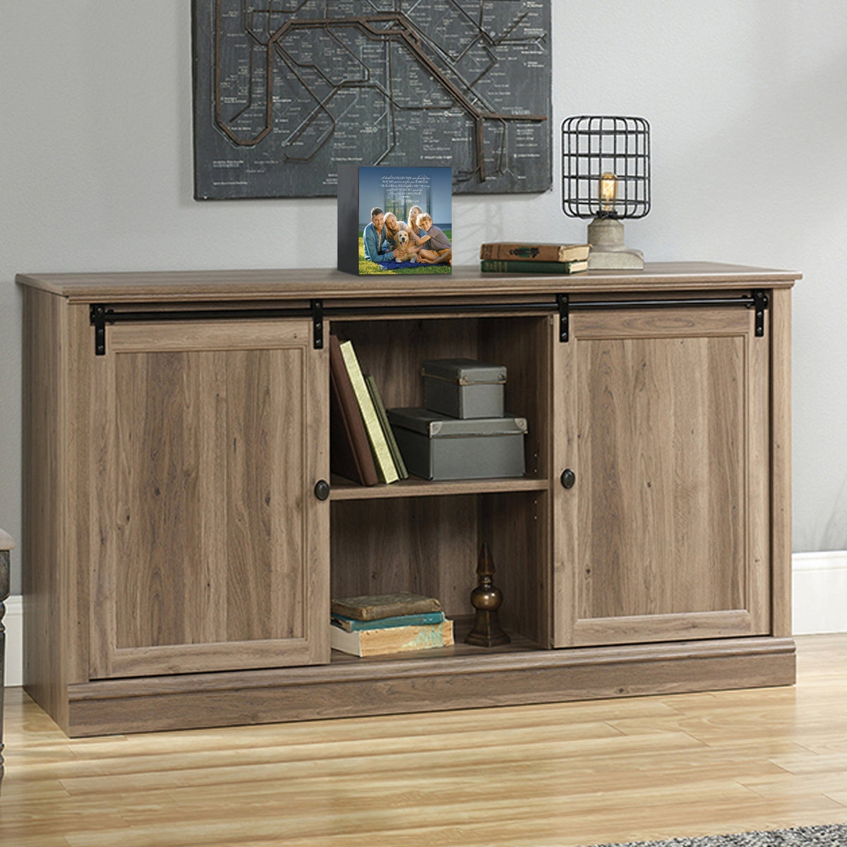 Custom wooden pet urn shadow box displayed on a rustic wooden cabinet in a cozy living room. The personalized pet memorial shadow box features a customized photo of a pet and a heartfelt message. A perfect bereavement keepsake box and sympathy gift for honoring the loss of a beloved pet, blending warmth and sentiment with home décor.