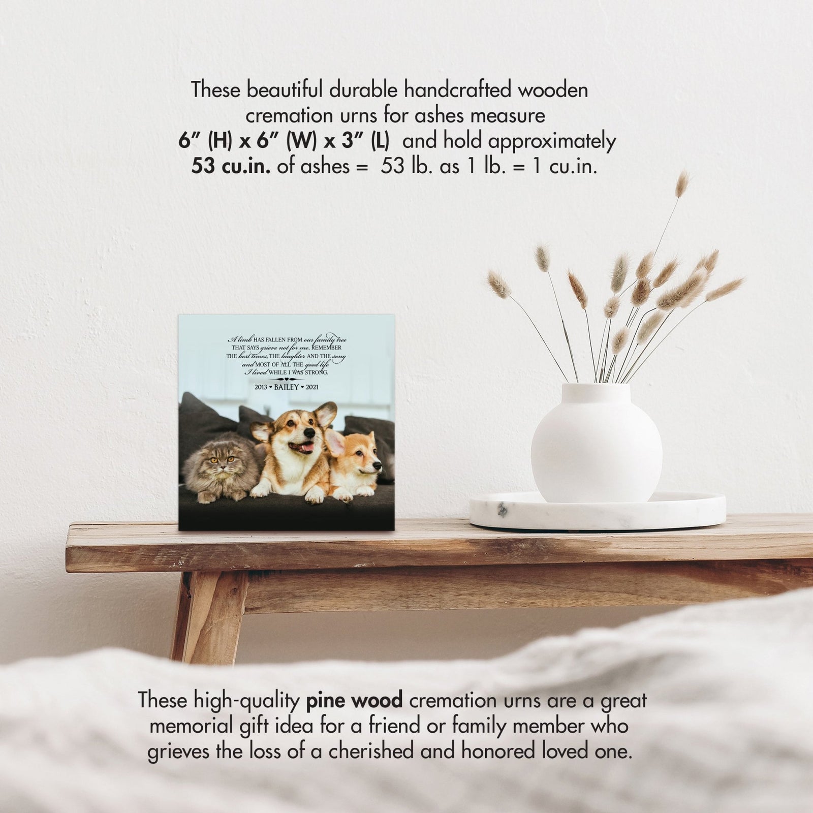 Wooden pet urn shadow box by Lifesong Milestones displayed on a rustic wooden table with a white vase of pampas grass, showcasing a custom photo of Bella with the heartfelt message. Ideal for memorial shadow box ideas or personalized pet urns for ashes