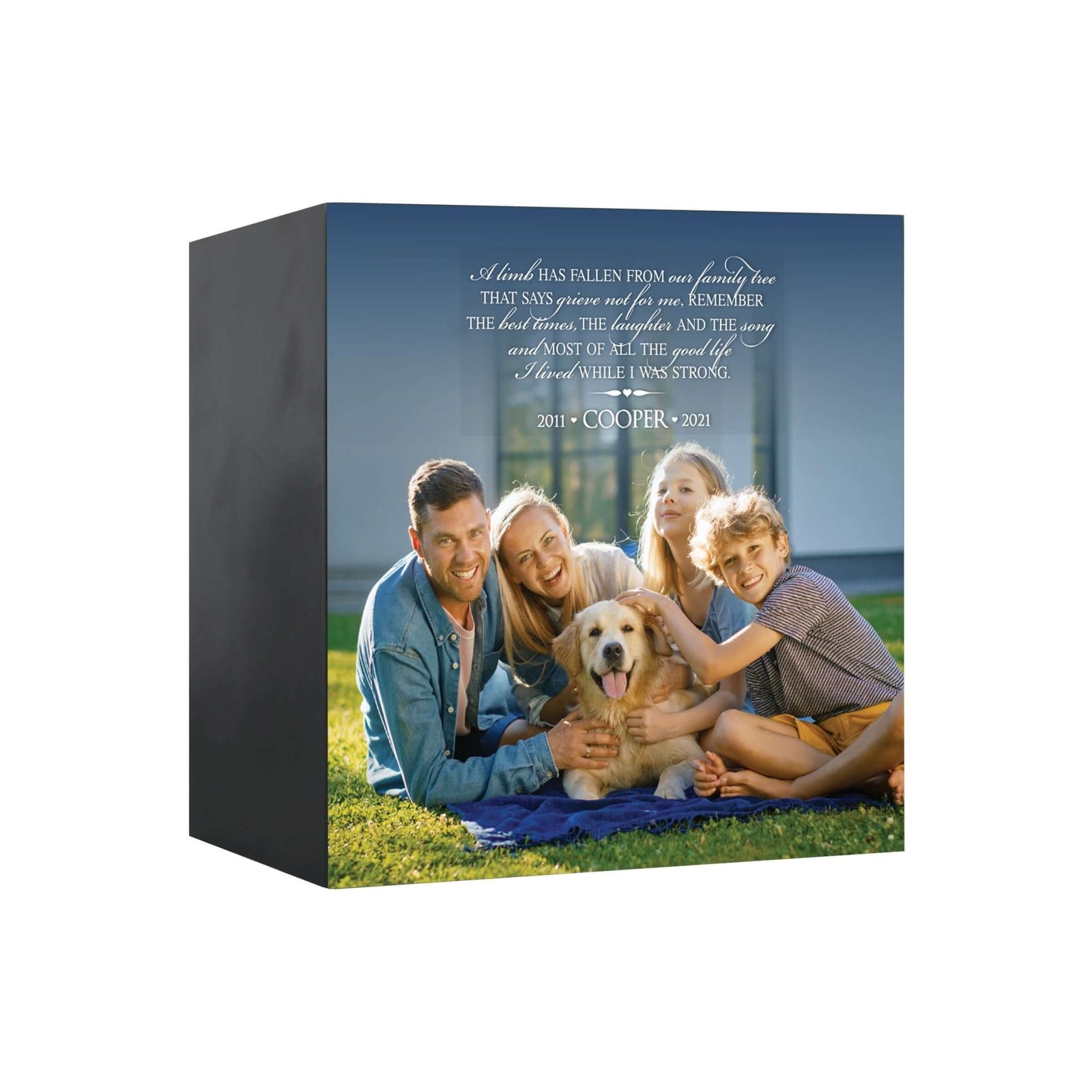 Close-up view of a Lifesong Milestones shadow box urn for dog or cat ashes, featuring a custom photo and a touching message. A high-quality wooden pet urn for ashes and a meaningful bereavement gift for someone who lost a pet.