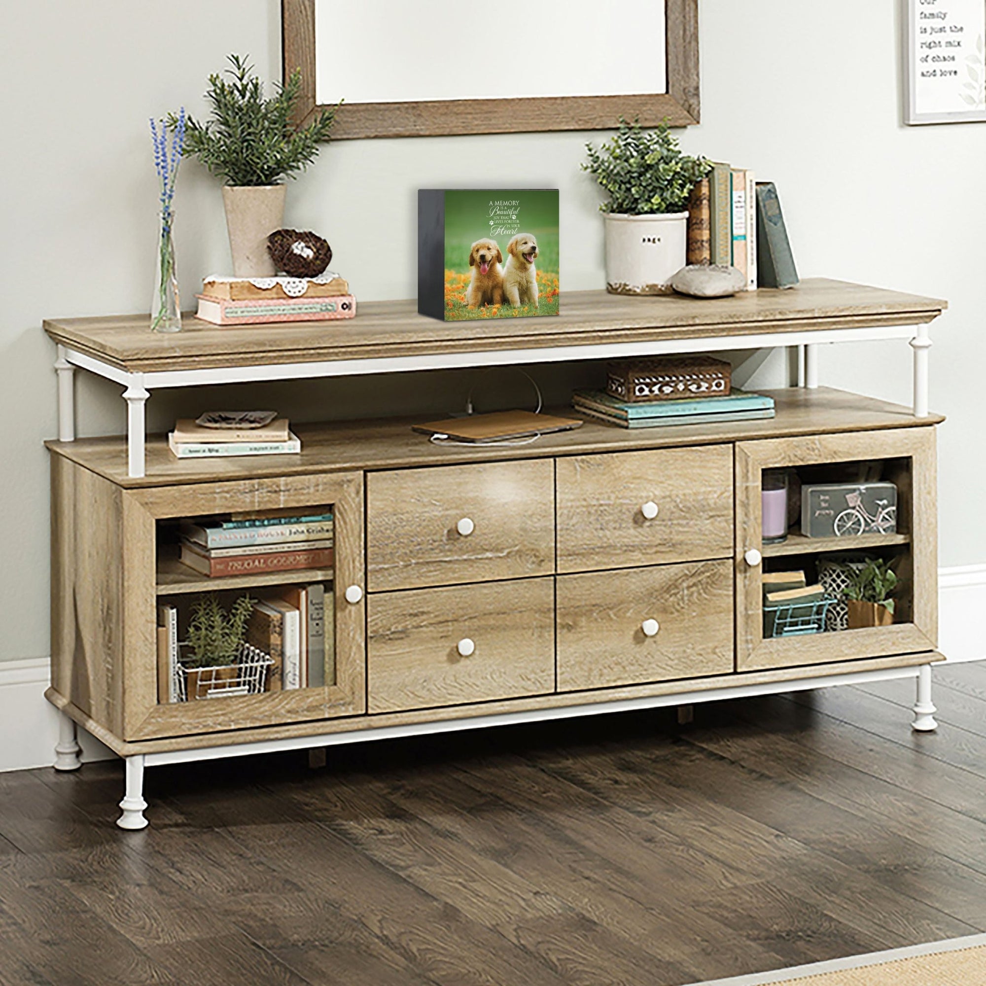 Wooden pet urn shadow box displayed on a rustic wooden TV console in a cozy living room. The shadow box features a photo of a pet. A touching bereavement keepsake box ideal for memorial shadow box ideas and pet urns for ashes.