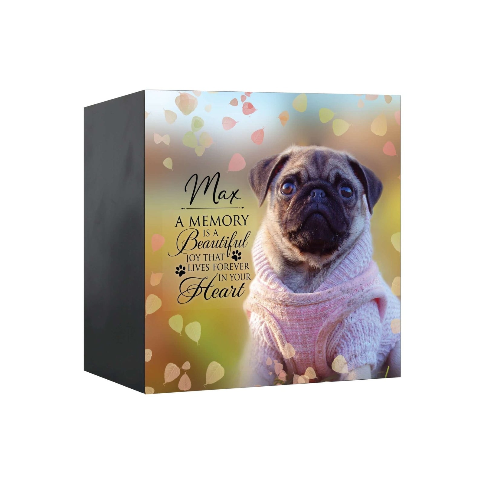 Close-up view of a Lifesong Milestones shadow box urn for dog or cat ashes, featuring a custom photo and a touching message. A high-quality wooden pet urn for ashes and a meaningful bereavement gift for someone who lost a pet.