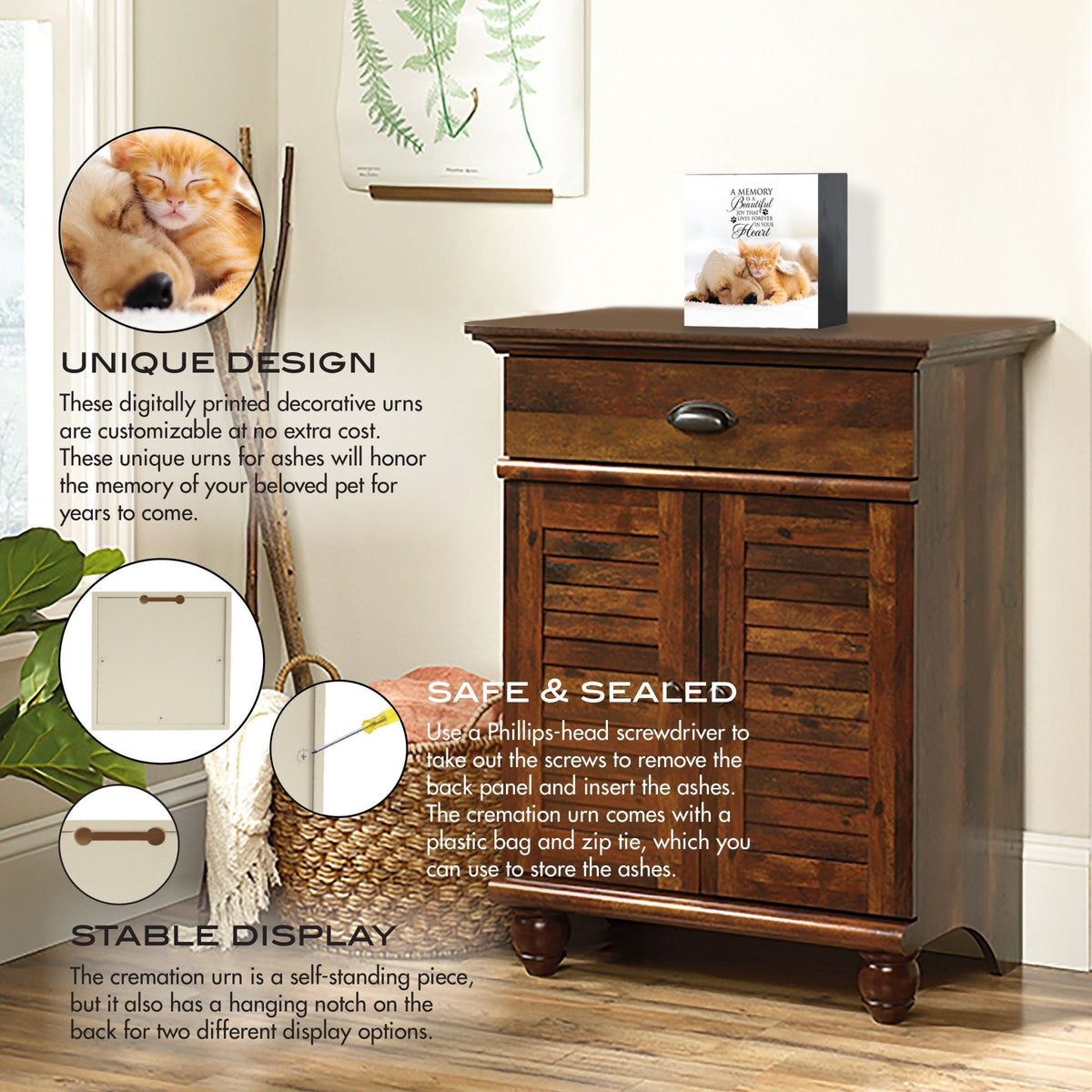 Custom wooden memorial photo shadow box urn and an emotional message, displayed on a vintage wooden cabinet. The urn is highlighted with features like secure storage for ashes and dual-display options, making it an excellent choice for bereavement gifts or gifts for someone who lost a pet. Perfect for dog or cat memorial urn ideas.