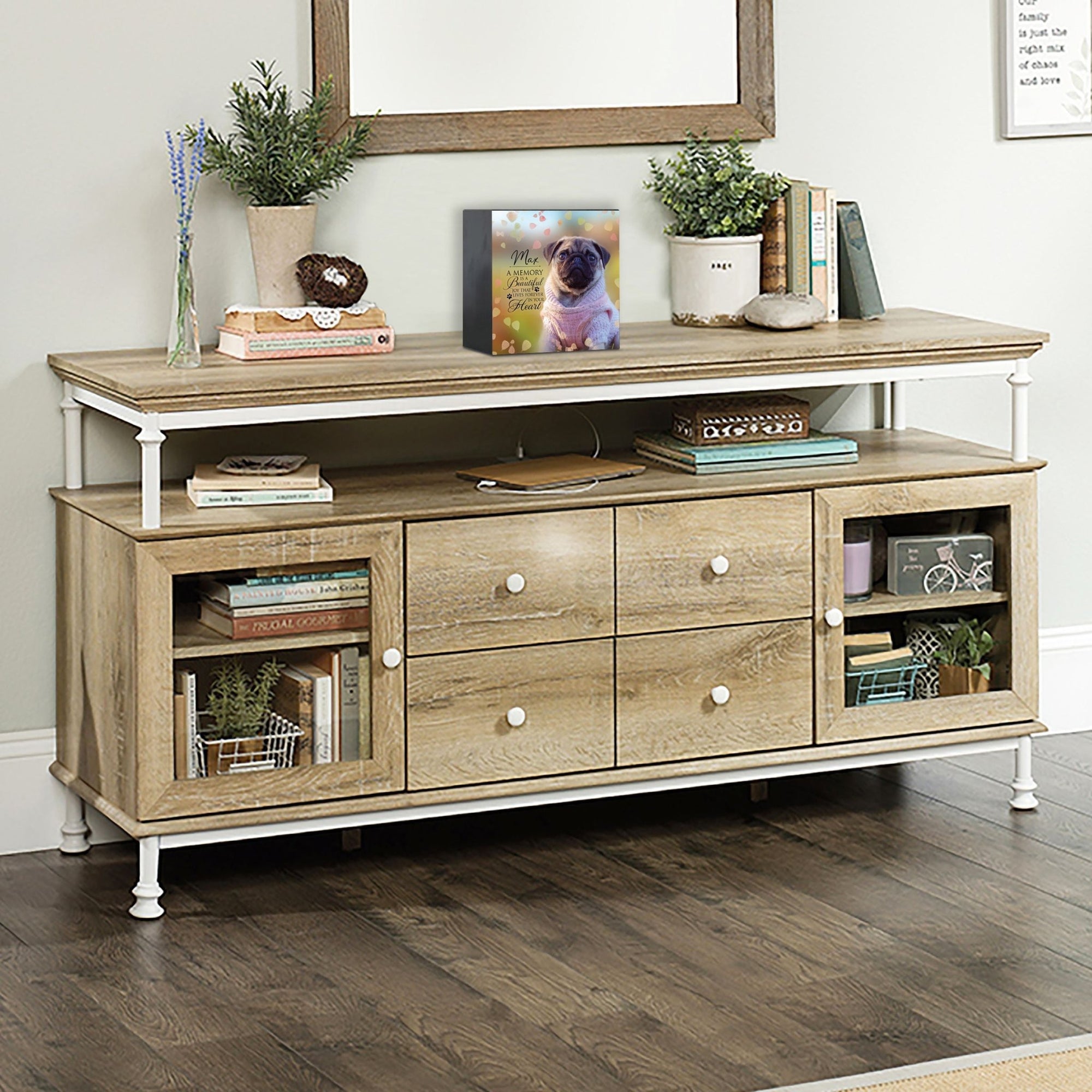 Wooden pet urn shadow box displayed on a rustic wooden TV console in a cozy living room. The shadow box features a custom photo of a pet. A touching bereavement keepsake box ideal for memorial shadow box ideas and personalized pet urns for ashes.