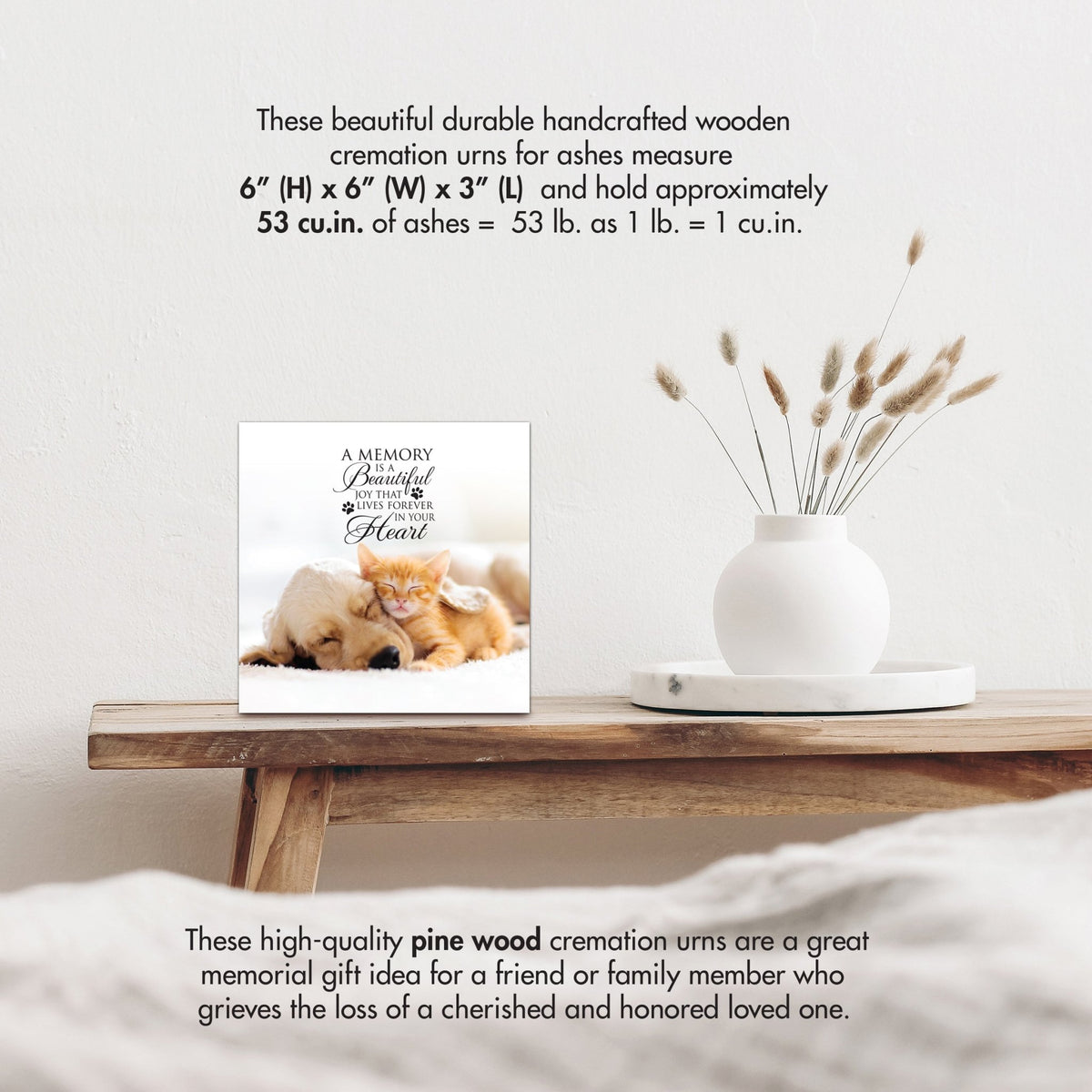 Wooden pet urn shadow box by Lifesong Milestones displayed on a rustic wooden table with a white vase of pampas grass, showcasing a custom photo of Bella with the heartfelt message. Ideal for memorial shadow box ideas or personalized pet urns for ashes