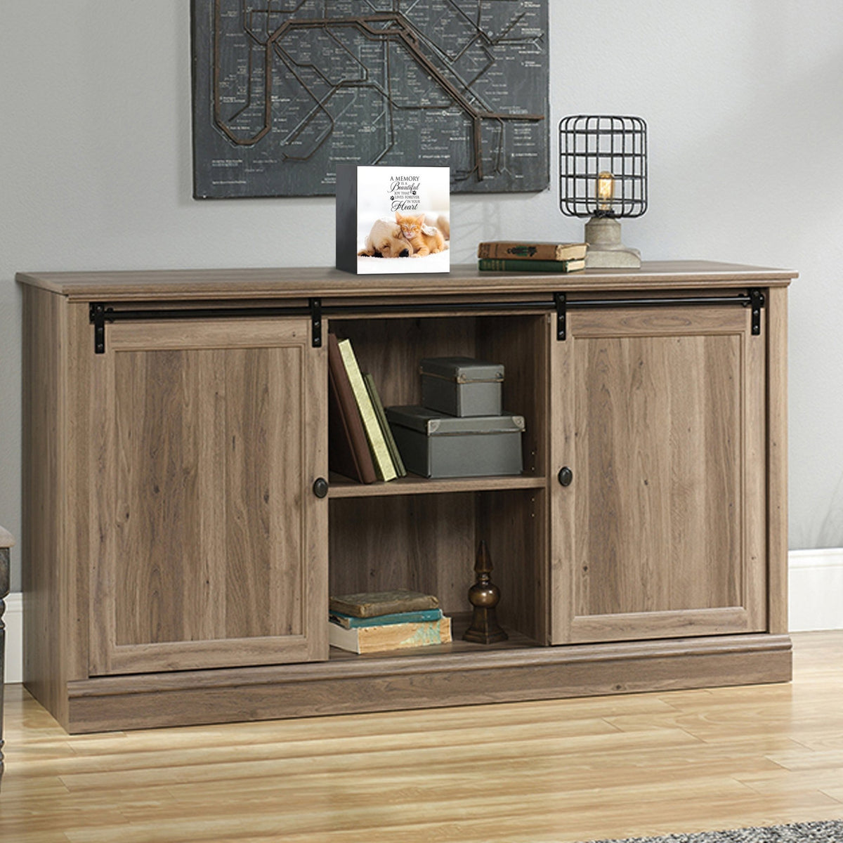 Custom wooden pet urn shadow box displayed on a rustic wooden cabinet in a cozy living room. The personalized pet memorial shadow box features a customized photo of a pet and a heartfelt message. A perfect bereavement keepsake box and sympathy gift for honoring the loss of a beloved pet, blending warmth and sentiment with home décor.