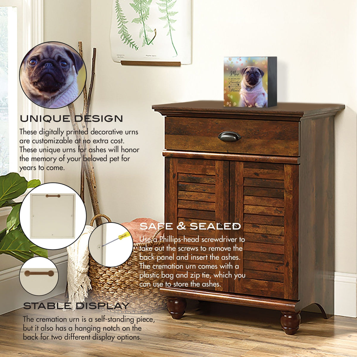 Custom wooden memorial photo shadow box urn and an emotional message, displayed on a vintage wooden cabinet. The urn is highlighted with features like secure storage for ashes and dual-display options, making it an excellent choice for bereavement gifts or gifts for someone who lost a pet. Perfect for dog or cat memorial urn ideas.