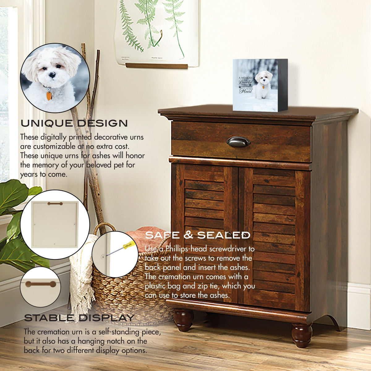 Wooden memorial photo shadow box urn and an emotional message, displayed on a vintage wooden cabinet. The urn is highlighted with features like secure storage for ashes and dual-display options, making it an excellent choice for bereavement gifts or gifts for someone who lost a pet. Perfect for dog or cat memorial urn ideas.