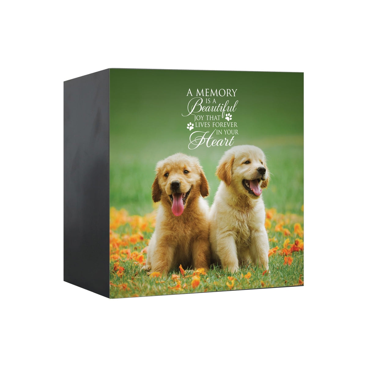 Close-up view of a Lifesong Milestones shadow box urn for dog or cat ashes, featuring a custom photo and a touching message. A high-quality wooden pet urn for ashes and a meaningful bereavement gift for someone who lost a pet.