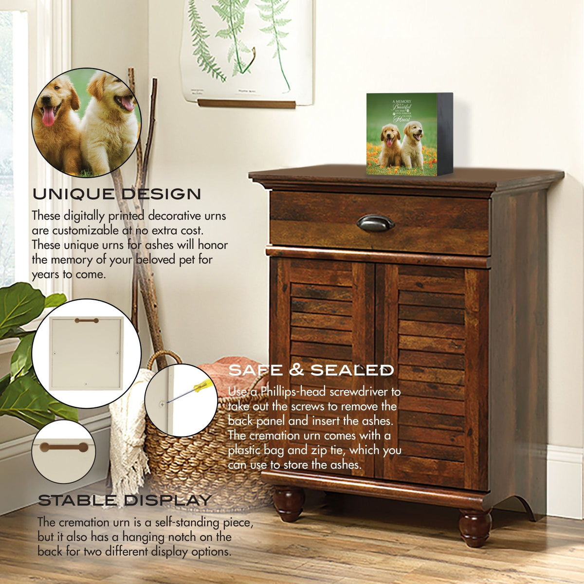 wooden memorial photo shadow box urn and an emotional message, displayed on a vintage wooden cabinet. The urn is highlighted with features like secure storage for ashes and dual-display options, making it an excellent choice for bereavement gifts or gifts for someone who lost a pet. Perfect for dog or cat memorial urn ideas.