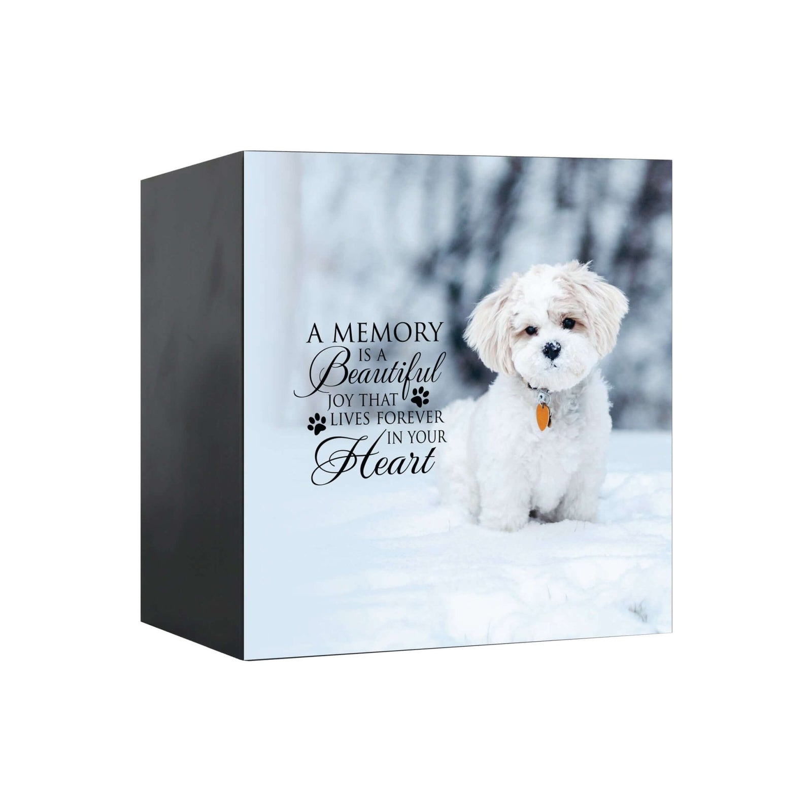 Close-up view of a Lifesong Milestones shadow box urn for dog or cat ashes, featuring a photo and a touching message. A high-quality wooden pet urn for ashes and a meaningful bereavement gift for someone who lost a pet.