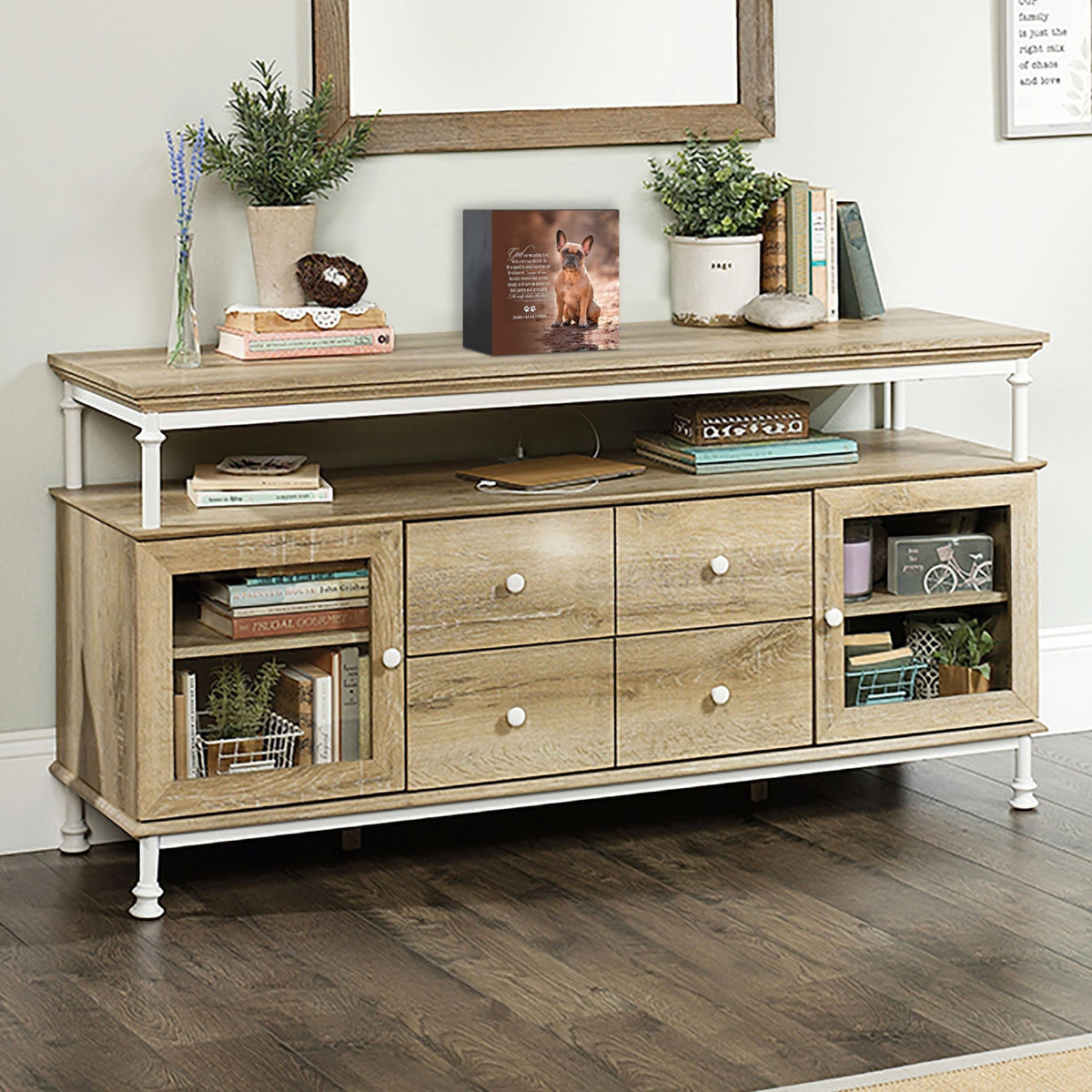 Wooden pet urn shadow box displayed on a rustic wooden TV console in a cozy living room. The shadow box features a custom photo of a pet. A touching bereavement keepsake box ideal for memorial shadow box ideas and personalized pet urns for ashes.