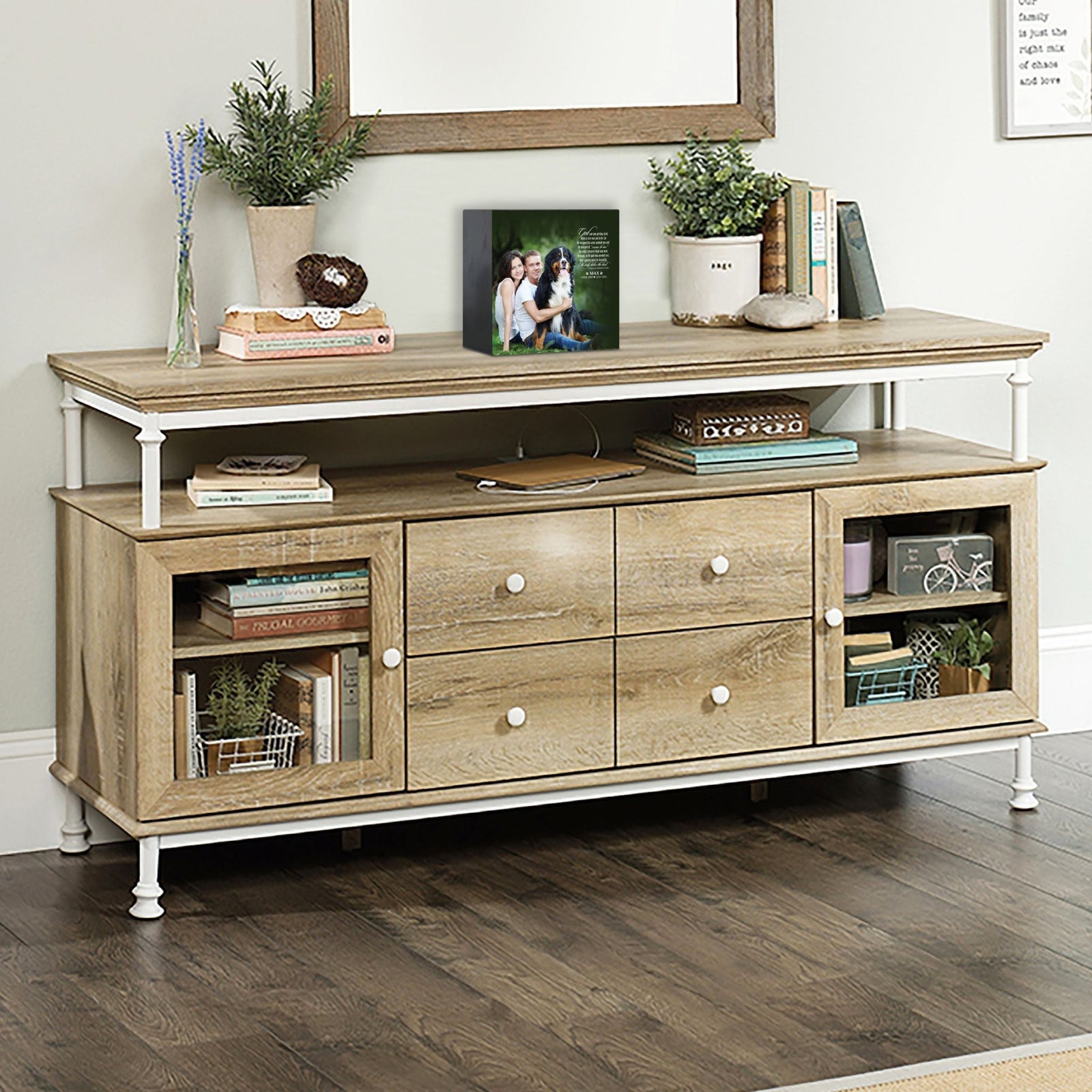 Wooden pet urn shadow box displayed on a rustic wooden TV console in a cozy living room. The shadow box features a custom photo of a pet. A touching bereavement keepsake box ideal for memorial shadow box ideas and personalized pet urns for ashes.