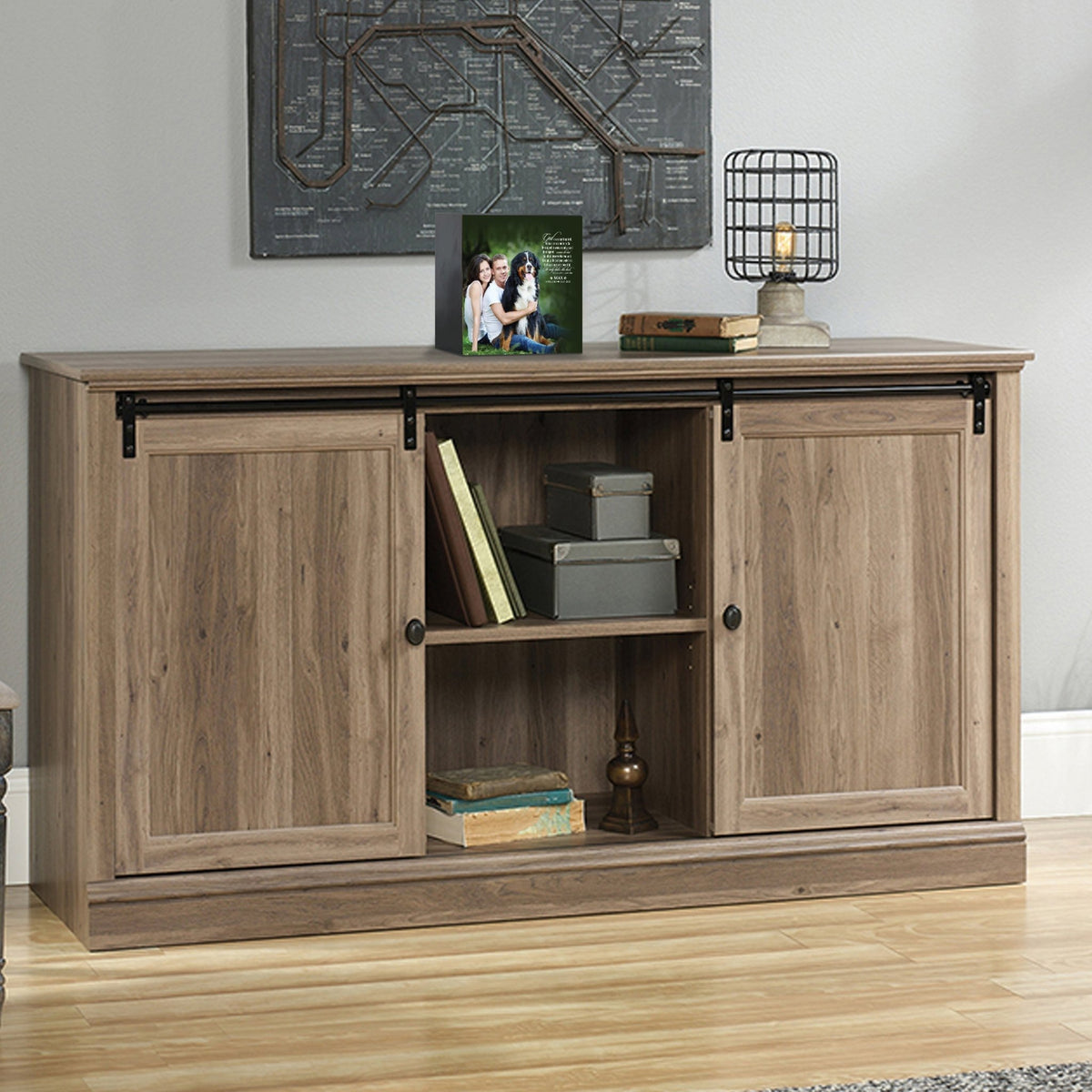 Custom wooden pet urn shadow box displayed on a rustic wooden cabinet in a cozy living room. The personalized pet memorial shadow box features a customized photo of a pet and a heartfelt message. A perfect bereavement keepsake box and sympathy gift for honoring the loss of a beloved pet, blending warmth and sentiment with home décor.