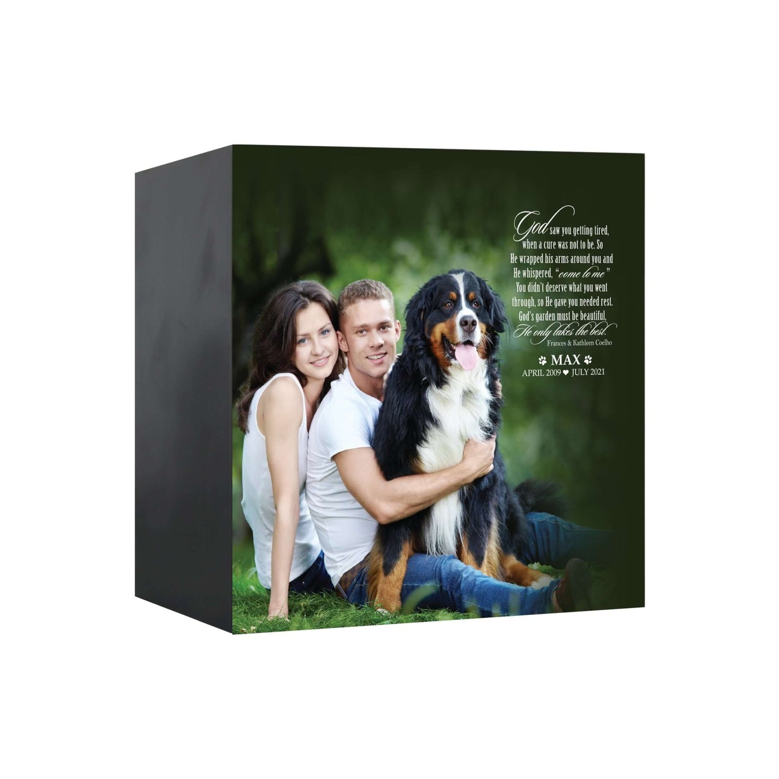 Close-up view of a Lifesong Milestones shadow box urn for dog or cat ashes, featuring a custom photo and a touching message. A high-quality wooden pet urn for ashes and a meaningful bereavement gift for someone who lost a pet.