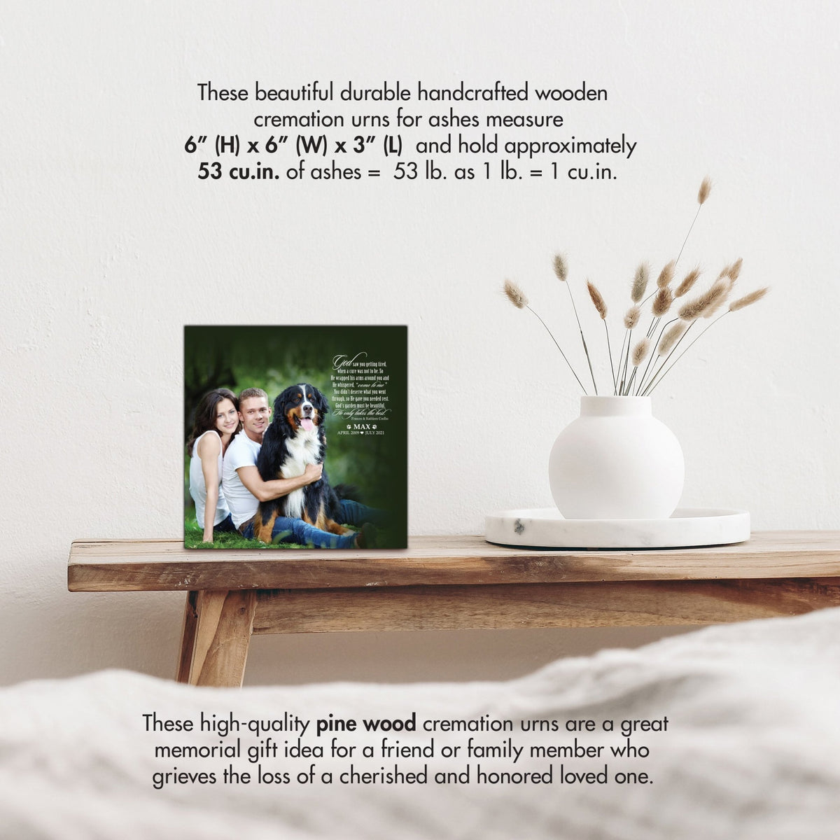 Wooden pet urn shadow box by Lifesong Milestones displayed on a rustic wooden table with a white vase of pampas grass, showcasing a custom photo of a pet with the heartfelt message. Ideal for memorial shadow box ideas or personalized pet urns for ashes