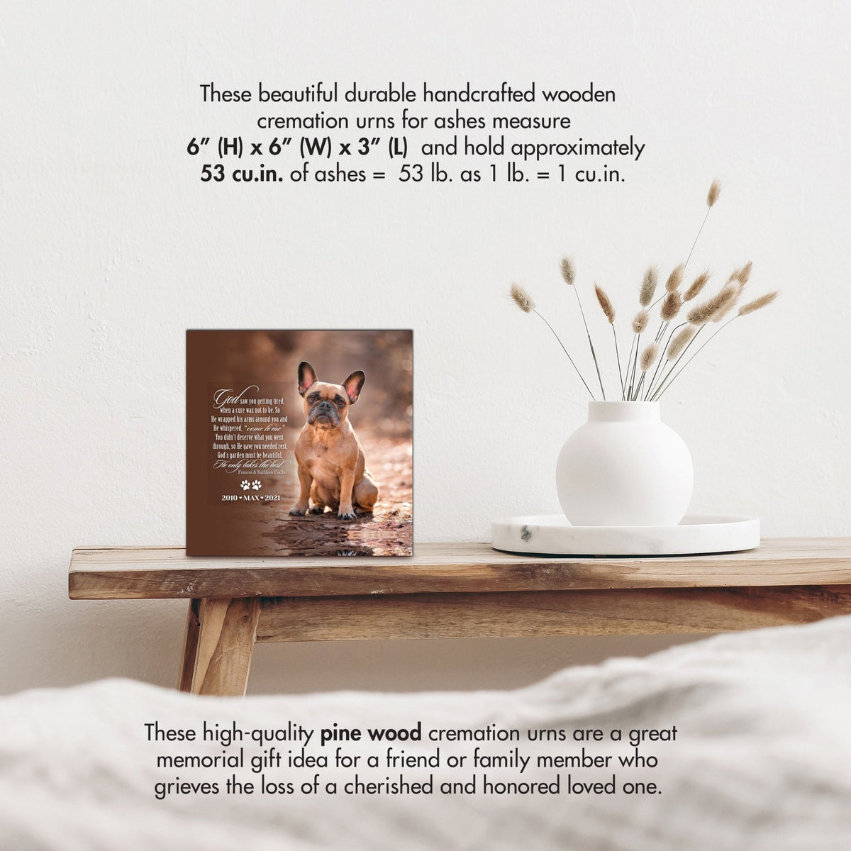 Wooden pet urn shadow box by Lifesong Milestones displayed on a rustic wooden table with a white vase of pampas grass, showcasing a custom photo of a pet with the heartfelt message. Ideal for memorial shadow box ideas or personalized pet urns for ashes