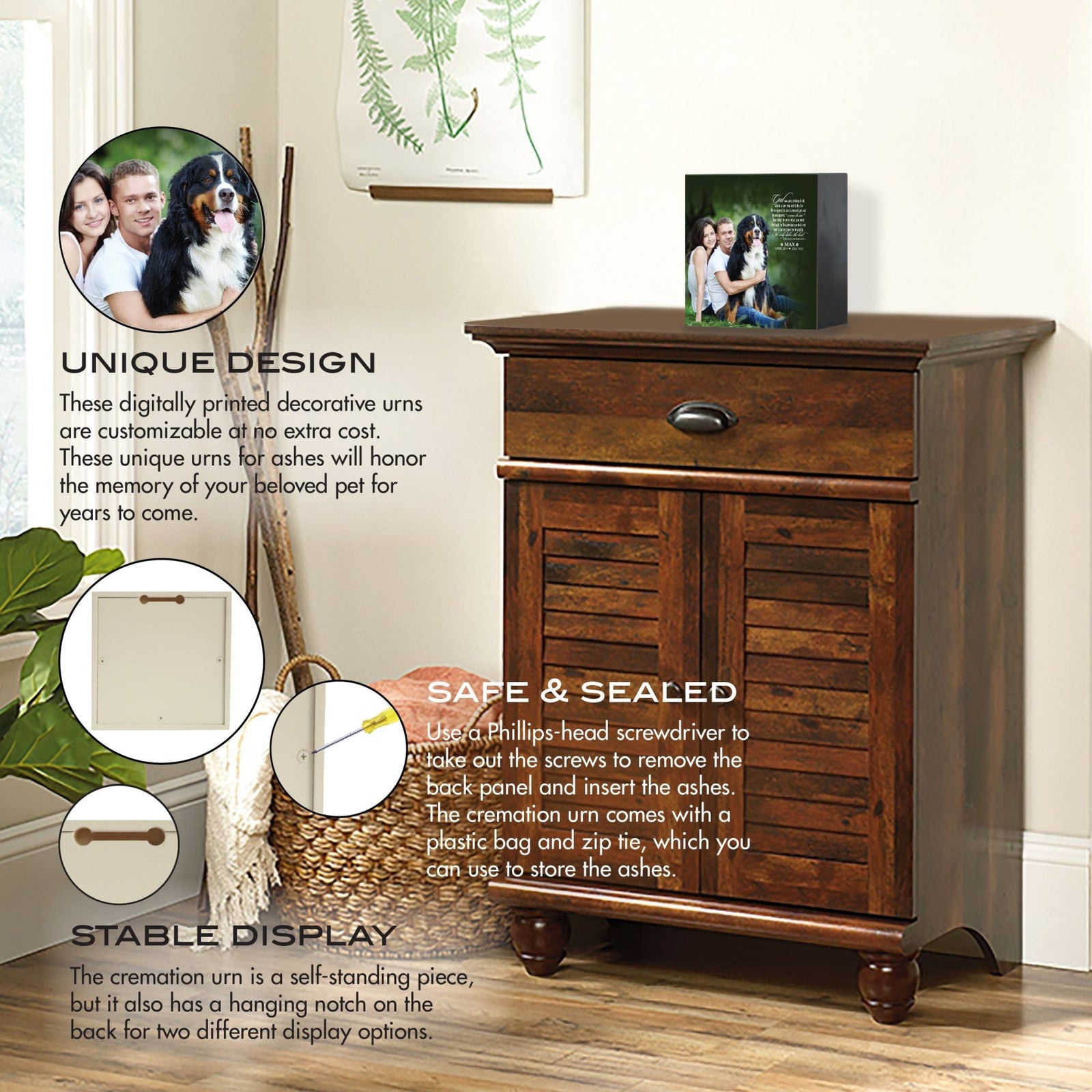 Custom wooden memorial photo shadow box urn and an emotional message, displayed on a vintage wooden cabinet. The urn is highlighted with features like secure storage for ashes and dual-display options, making it an excellent choice for bereavement gifts or gifts for someone who lost a pet. Perfect for dog or cat memorial urn ideas.