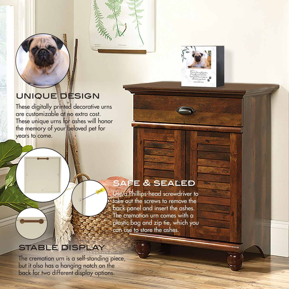 Custom wooden memorial photo shadow box urn and an emotional message, displayed on a vintage wooden cabinet. The urn is highlighted with features like secure storage for ashes and dual-display options, making it an excellent choice for bereavement gifts or gifts for someone who lost a pet. Perfect for dog or cat memorial urn ideas.