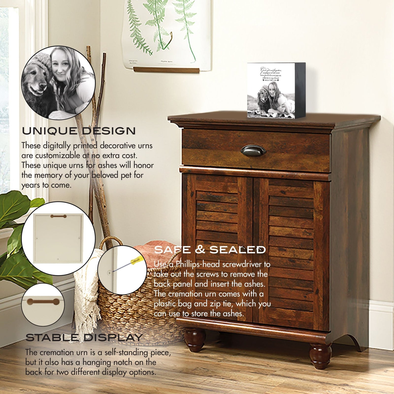 Custom wooden memorial photo shadow box urn and an emotional message, displayed on a vintage wooden cabinet. The urn is highlighted with features like secure storage for ashes and dual-display options, making it an excellent choice for bereavement gifts or gifts for someone who lost a pet. Perfect for dog or cat memorial urn ideas.
