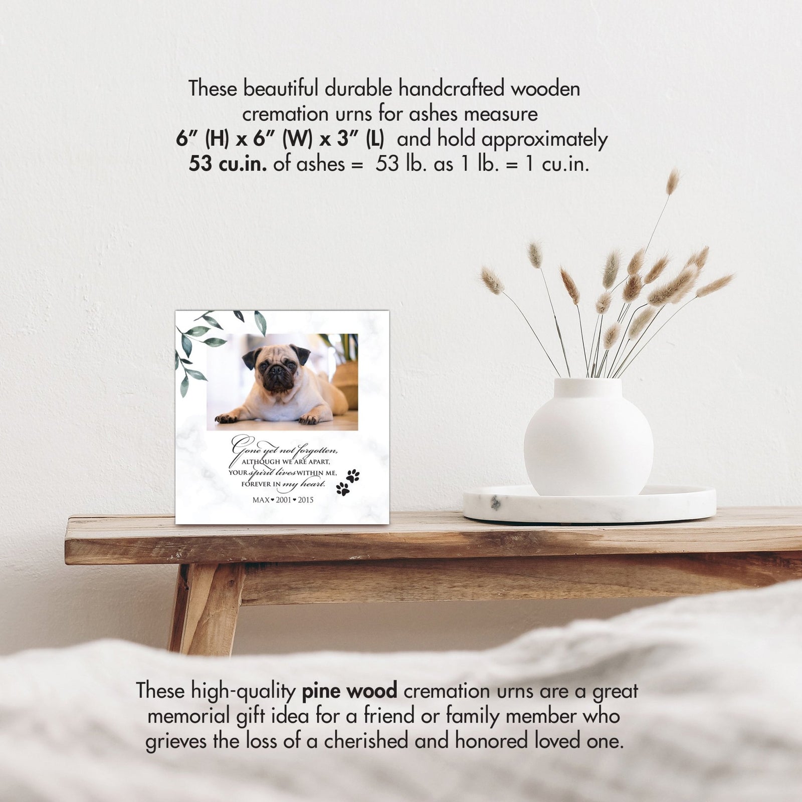 Wooden pet urn shadow box by Lifesong Milestones displayed on a rustic wooden table with a white vase of pampas grass, showcasing a custom photo of a pet with the heartfelt message. Ideal for memorial shadow box ideas or personalized pet urns for ashes