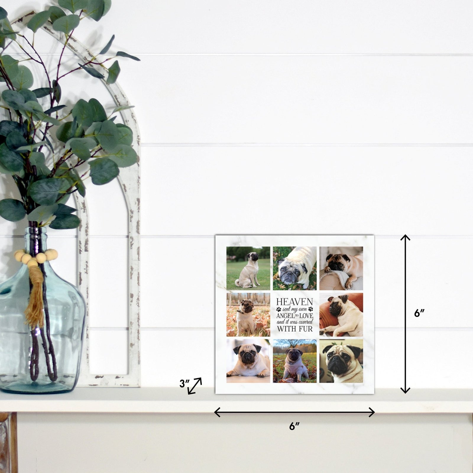 A close-up of the pet urn with dimensions, showcasing its compact size and elegant design.