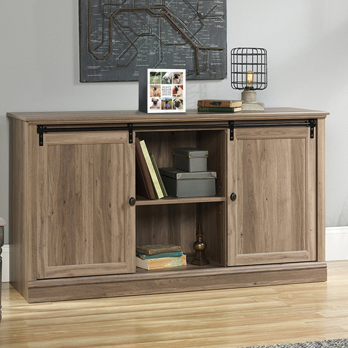 Custom pet cremation urns for ashes displayed on a stylish console table.