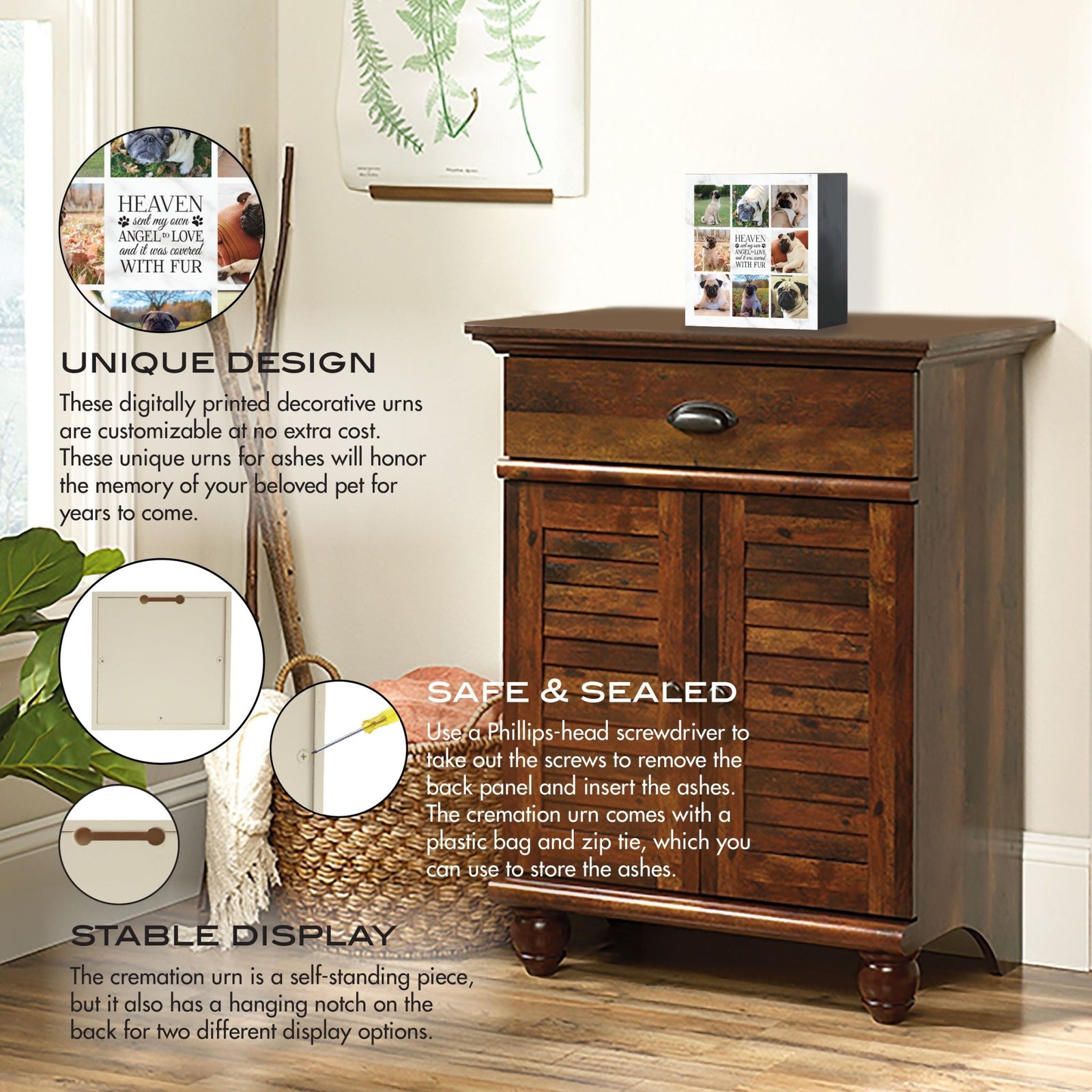 A wooden cabinet with a personalized pet cremation urn on top. Features explain its unique design, secure storage, and display options.