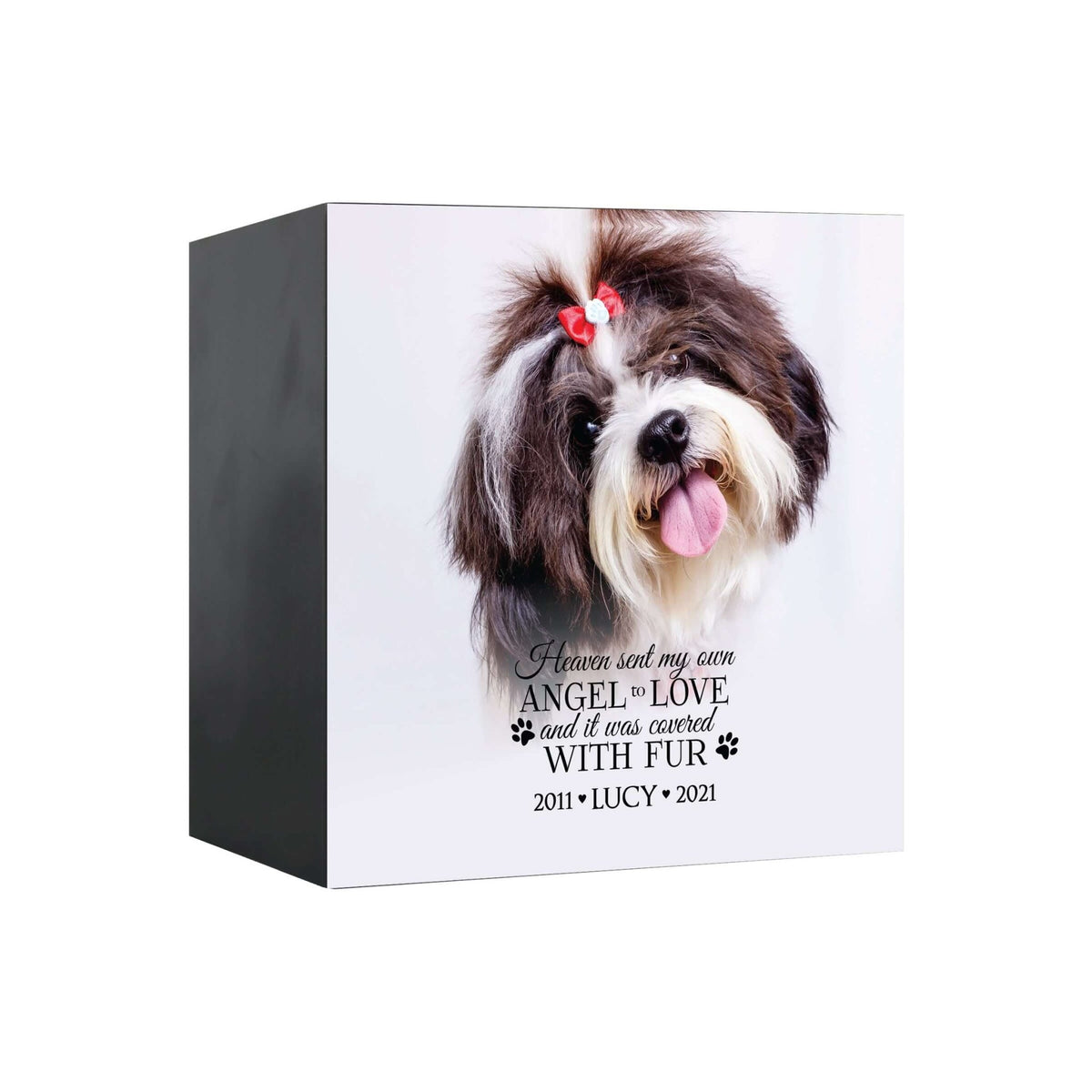 A personalized pet urns for dogs featuring a custom photo, heartfelt quote, and engraved nameplate.