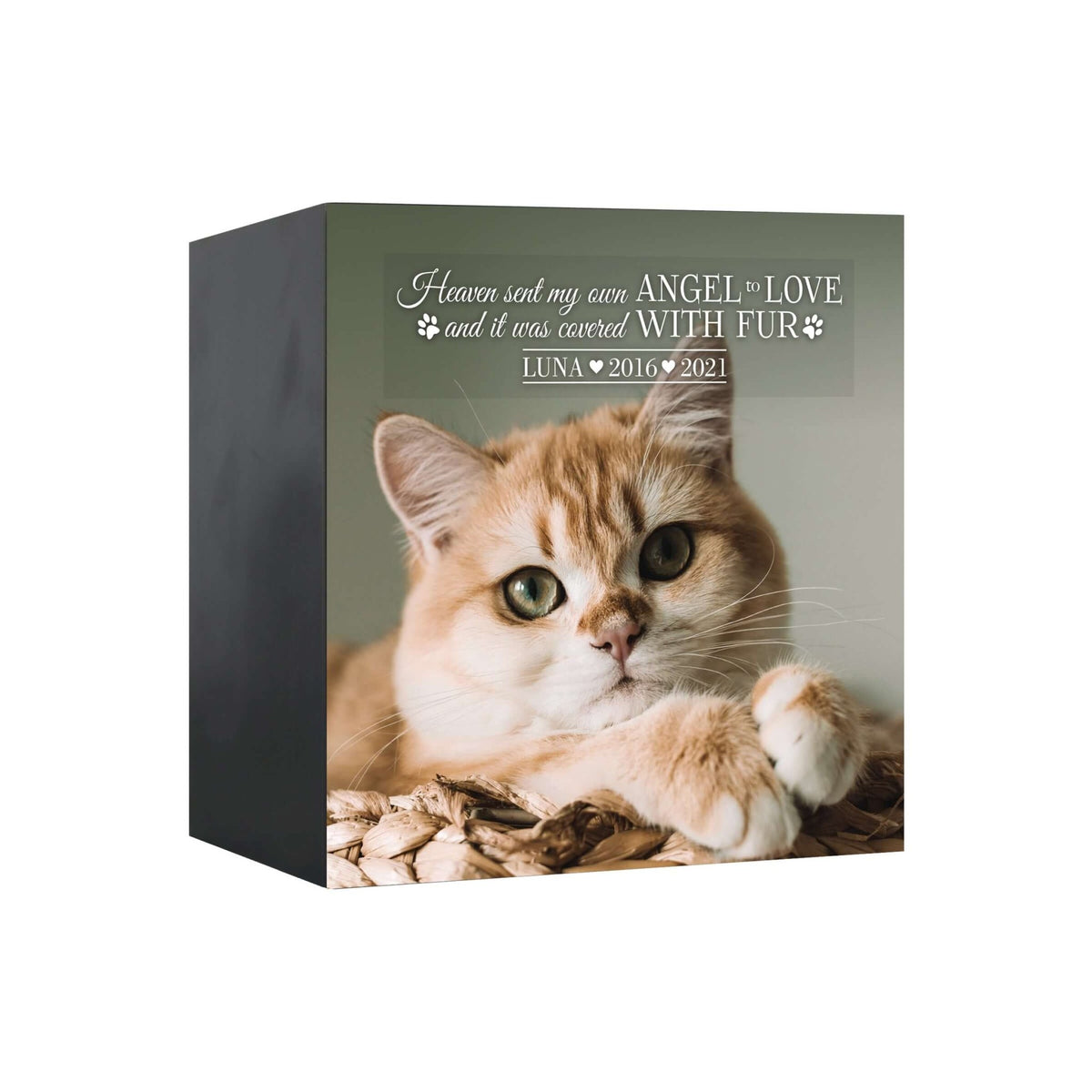 A personalized pet urns for cats featuring a custom photo, heartfelt quote, and engraved nameplate.
