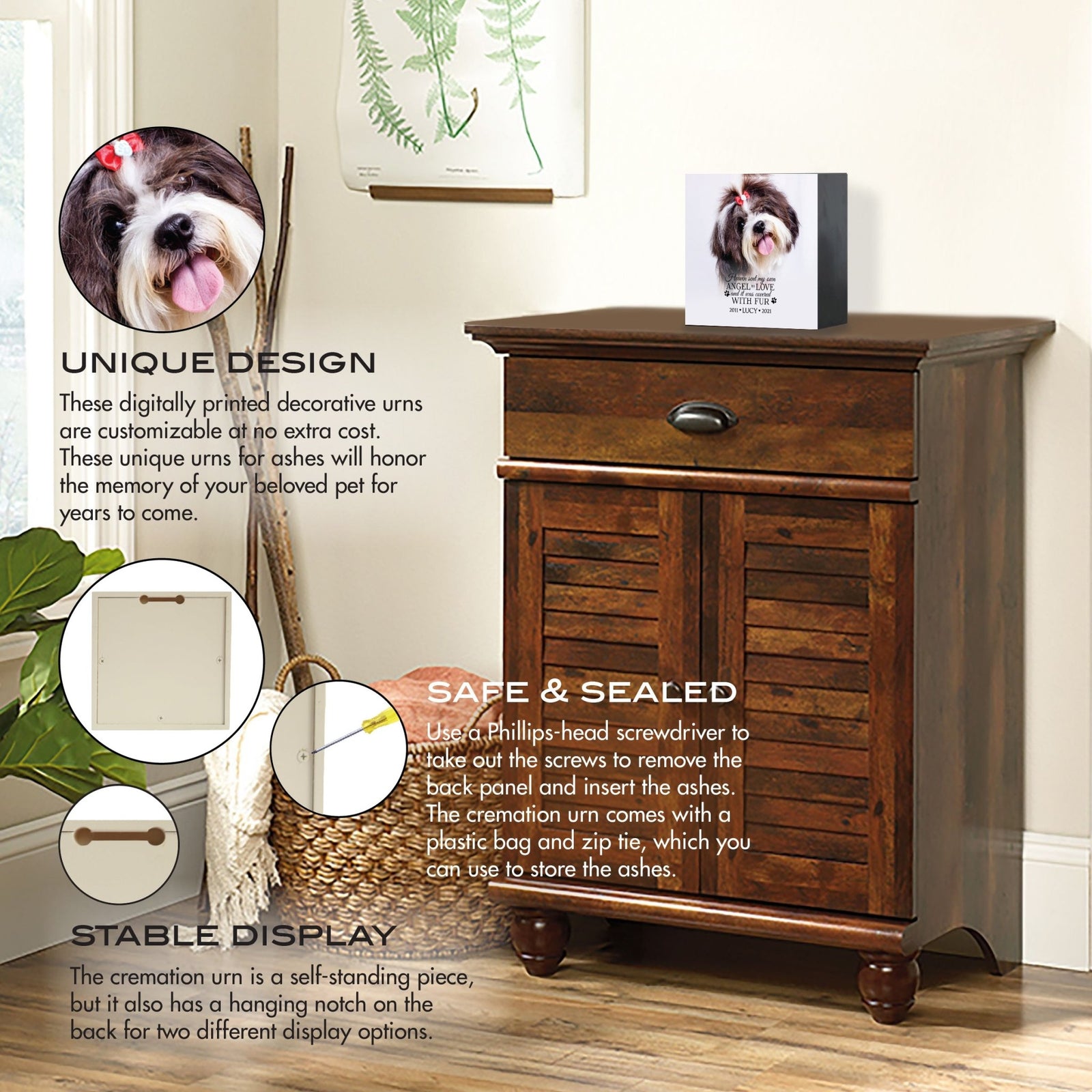 A wooden cabinet with a personalized pet cremation urn on top. Features explain its unique design, secure storage, and display options.