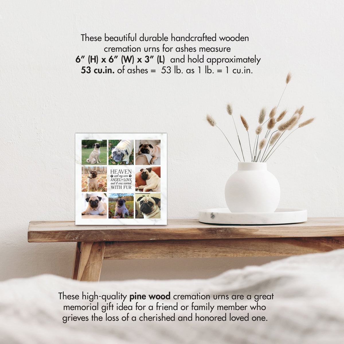 A wooden pet urn with size details, highlighting its handcrafted design with a white vase of pampas grass.