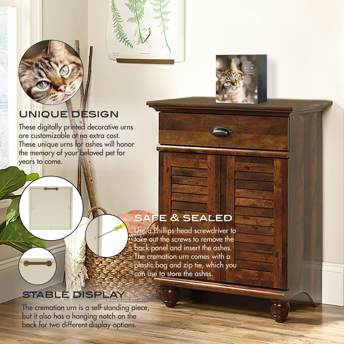 Custom wooden memorial shadow box urn with pet's photo and an emotional message, displayed on a vintage wooden cabinet.
