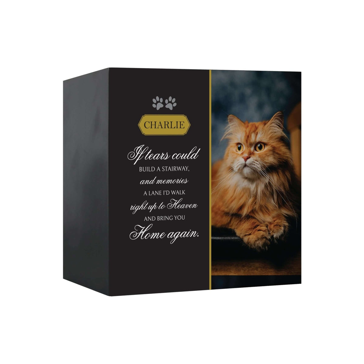 A personalized Wooden Cat Urns for Ashes featuring a cat's photo, a heartfelt quote, and a nameplate.