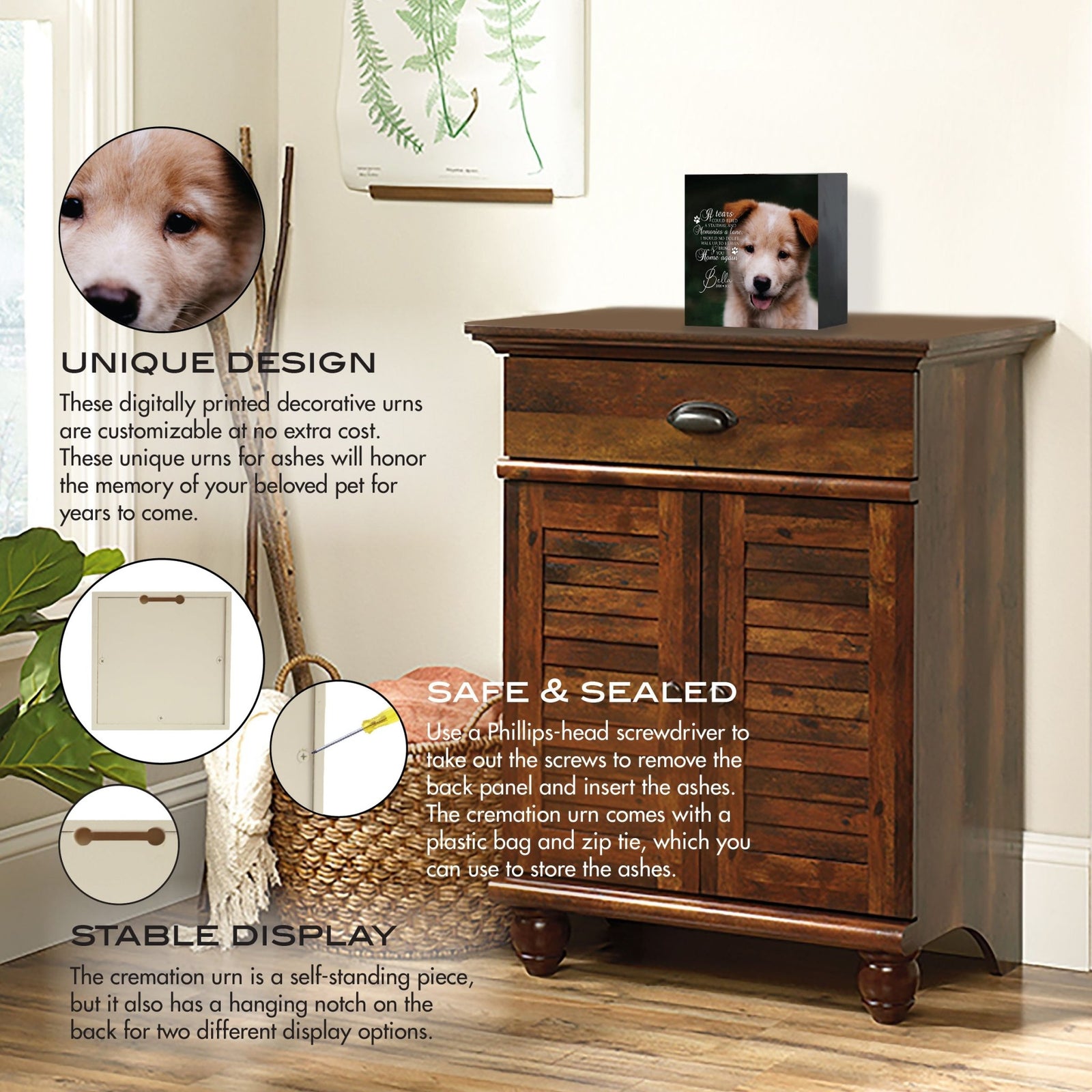 A wooden cabinet with a personalized pet cremation urn on top. Features explain its unique design, secure storage, and display options.