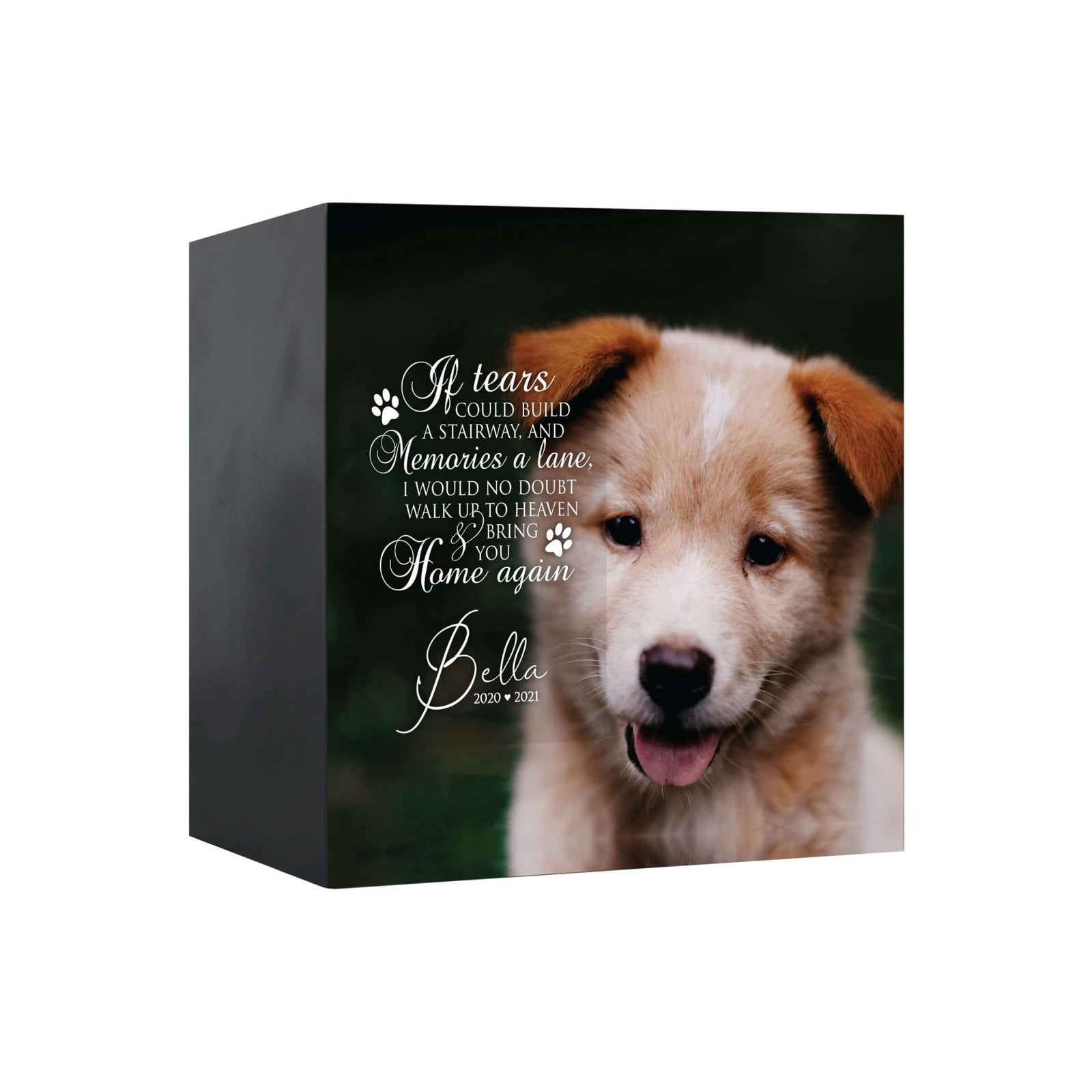 A personalized Memorial Pet Custom Photo Urn Box featuring a custom photo, heartfelt quote, and engraved nameplate.