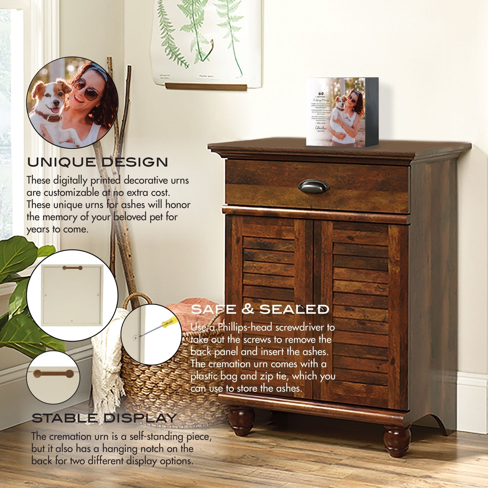 A wooden cabinet with a personalized pet cremation urn on top. Features explain its unique design, secure storage, and display options.