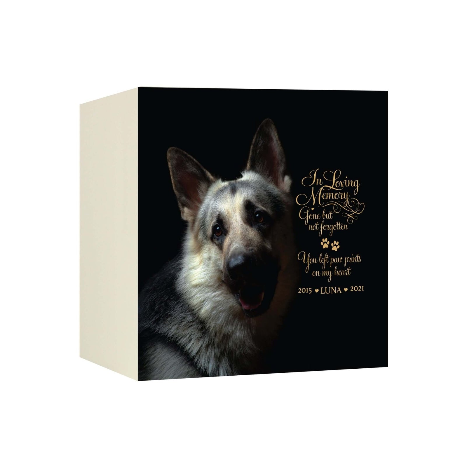 A personalized pet urns for dogs featuring a custom photo, heartfelt quote, and engraved nameplate