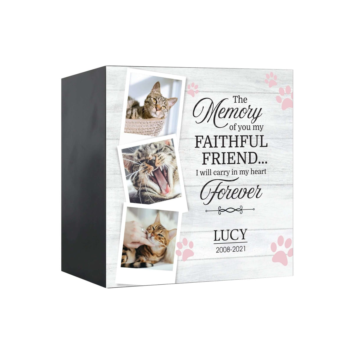 Close-up view of a Lifesong Milestones shadow box urn for dog or cat ashes, featuring a custom photo and a touching message. A high-quality wooden pet urn for ashes and a meaningful bereavement gift for someone who lost a pet.