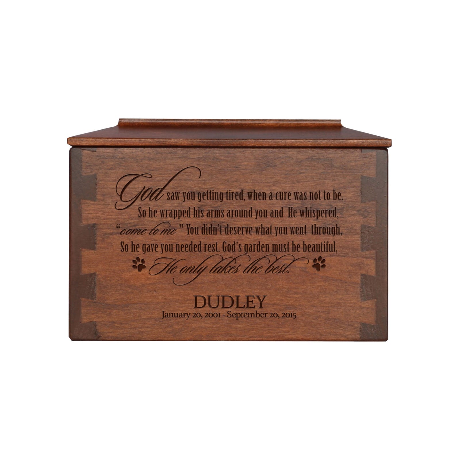 Pet Memorial Dovetail Cremation Urn Box for Dog or Cat - God Saw You Getting Tired - LifeSong Milestones