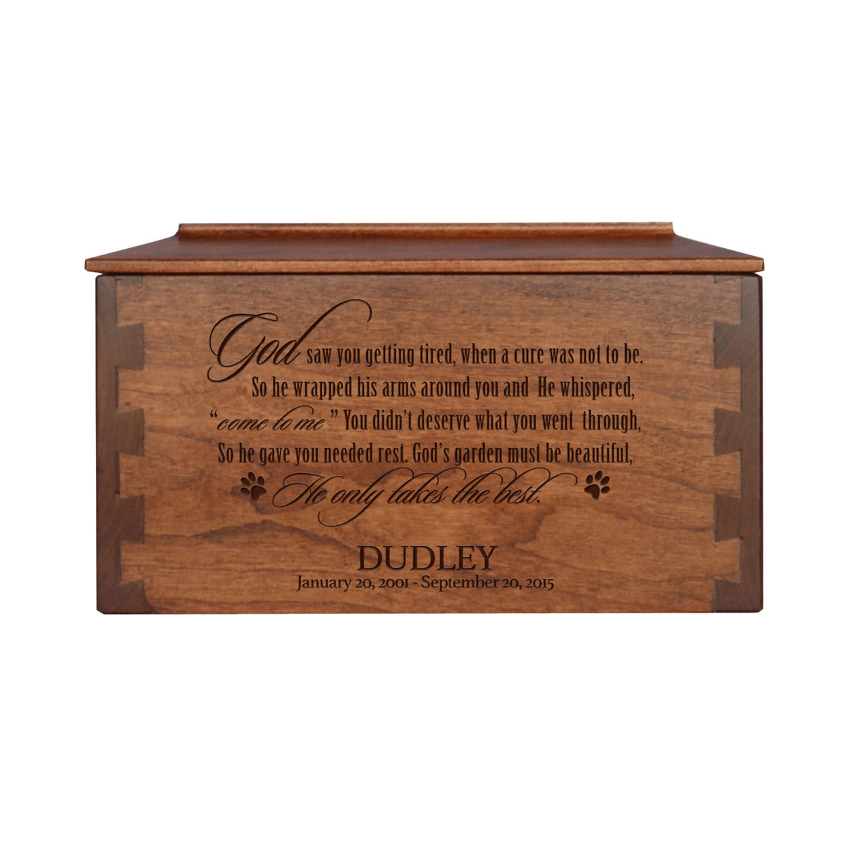 Pet Memorial Dovetail Cremation Urn Box for Dog or Cat - God Saw You Getting Tired - LifeSong Milestones