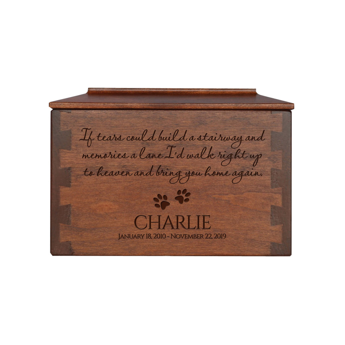 Pet Memorial Dovetail Cremation Urn Box for Dog or Cat - If Tears Could Build A Stairway - LifeSong Milestones