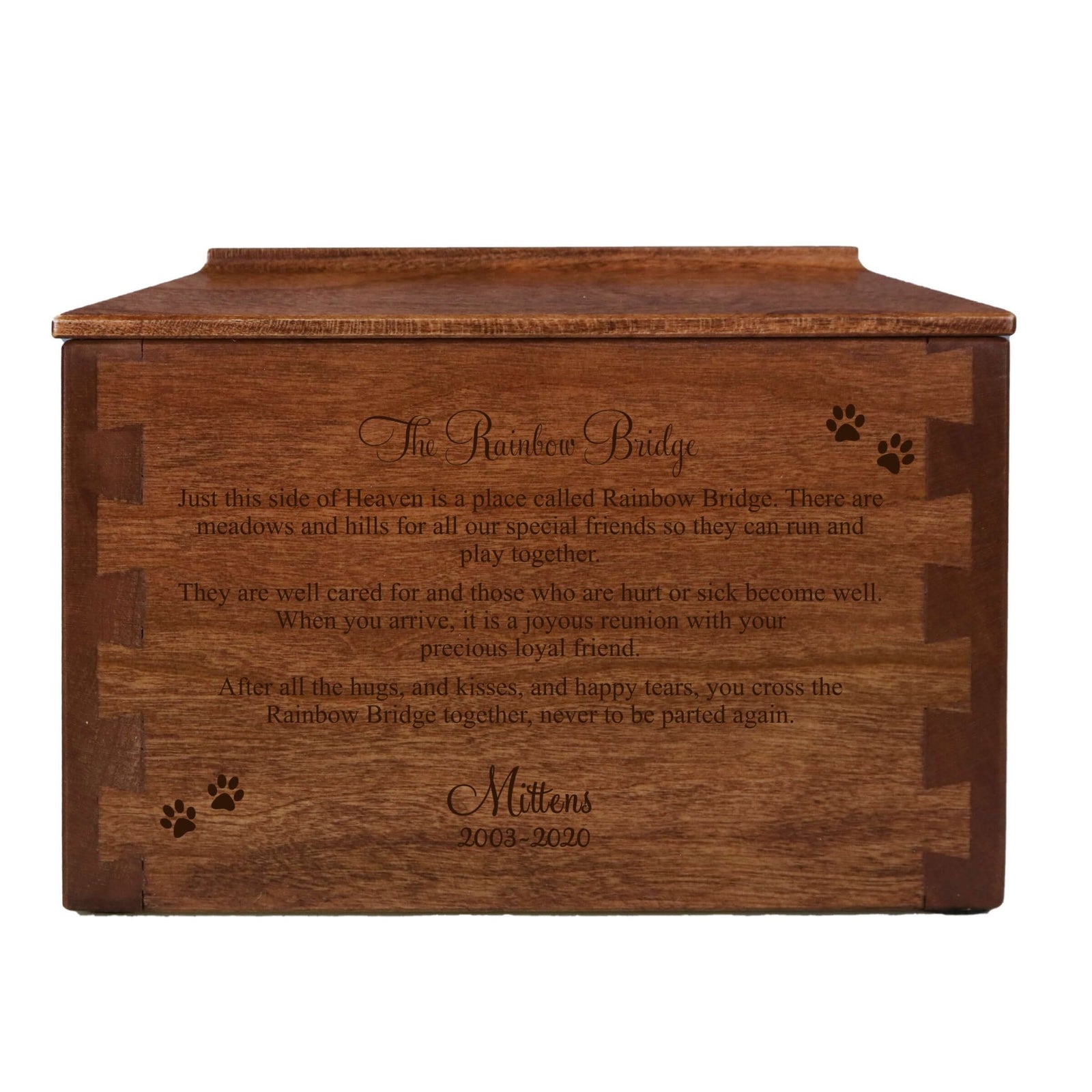 Pet Memorial Dovetail Cremation Urn Box for Dog or Cat - The Rainbow Bridge - LifeSong Milestones