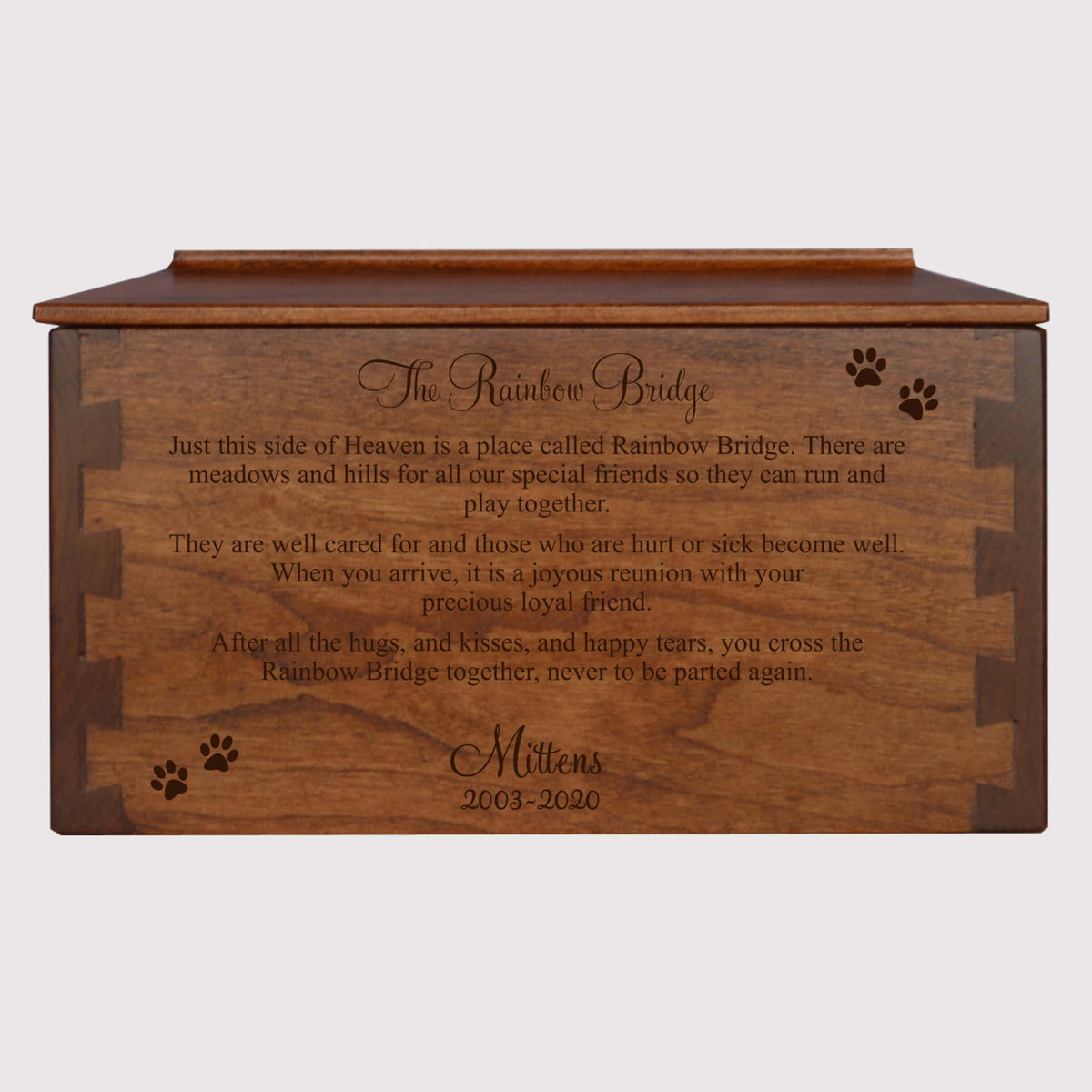 Pet Memorial Dovetail Cremation Urn Box for Dog or Cat - The Rainbow Bridge - LifeSong Milestones